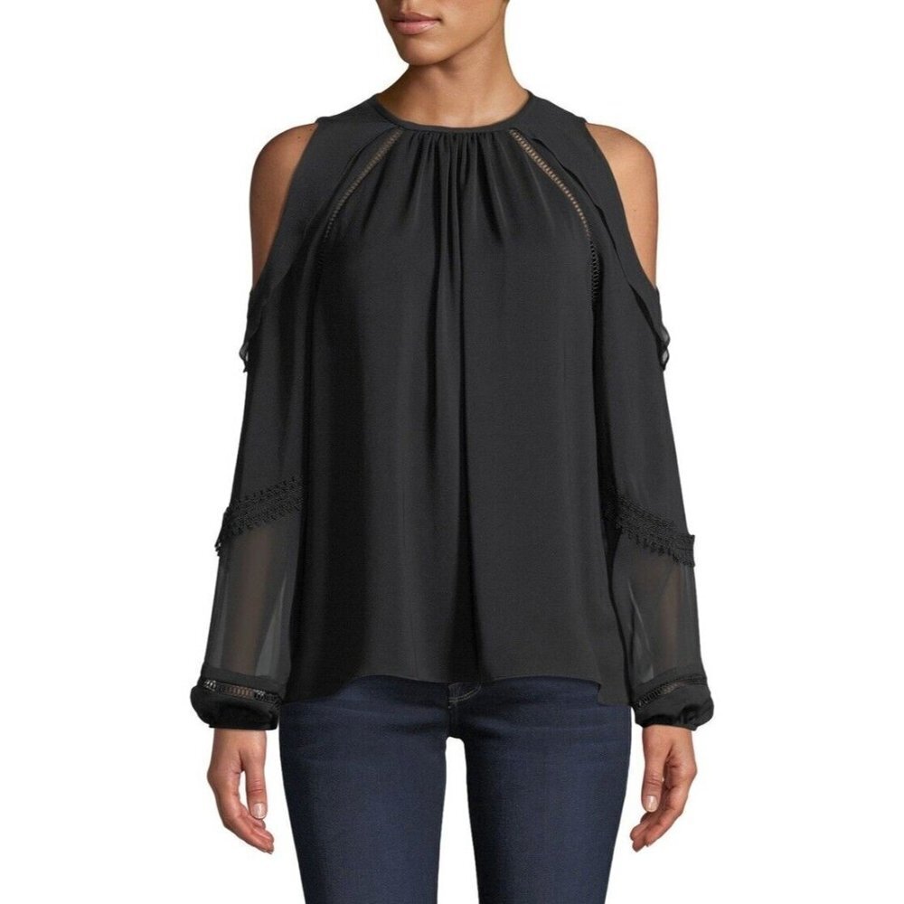 Ramy Brook Size S Akira Cold Shoulder Chiffon Blouse Career Purple
